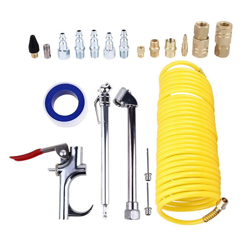 20 pcs Air Compressor Accessory Kit Tool 25 Ft Recoil Hose Blow Gun Nozzles Set