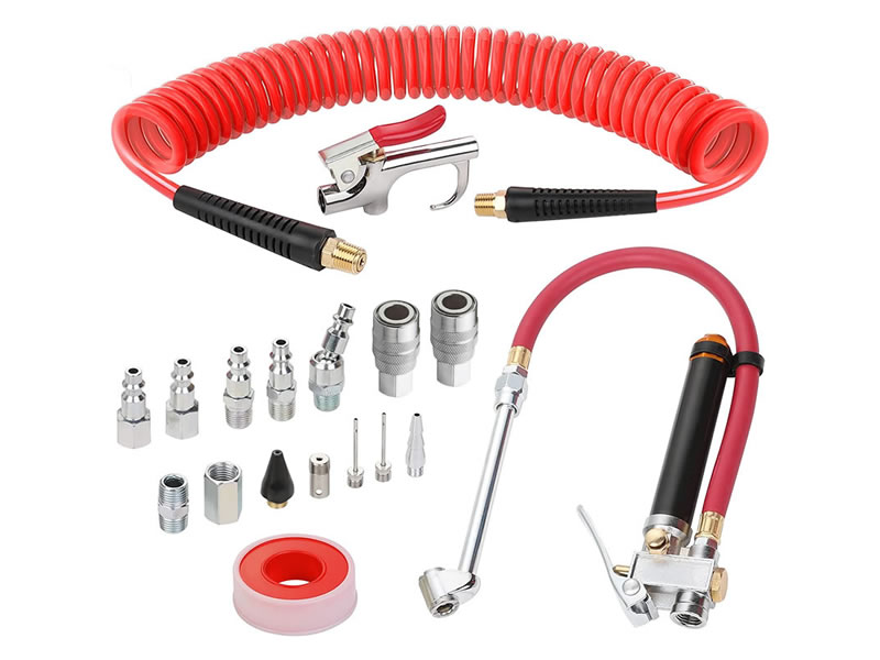 Air Compressor Accessories Kit with 1-4-Inch × 25 Feet Polyurethane Recoil Air Hose, Heavy Duty Tire Inflator Gauge, Quick Connect Fittings, Blow Gun and Swivel Plug