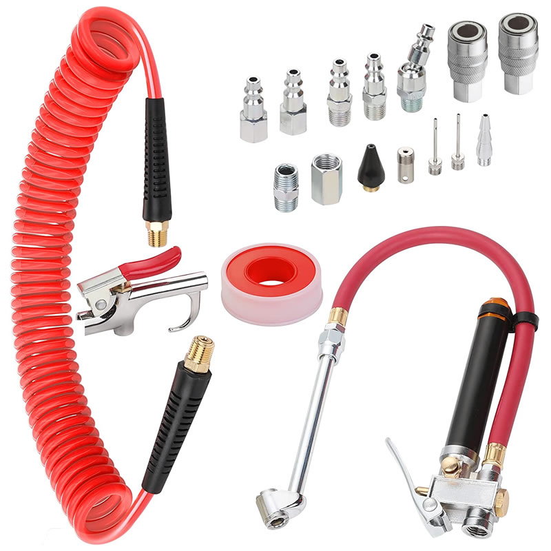 18 Piece Air Compressor Accessories Kit with 1-4-Inch × 25 Feet Polyurethane Recoil Air Hose, Heavy Duty Tire Inflator Gauge, Quick Connect Fittings, Blow Gun and Swivel Plug