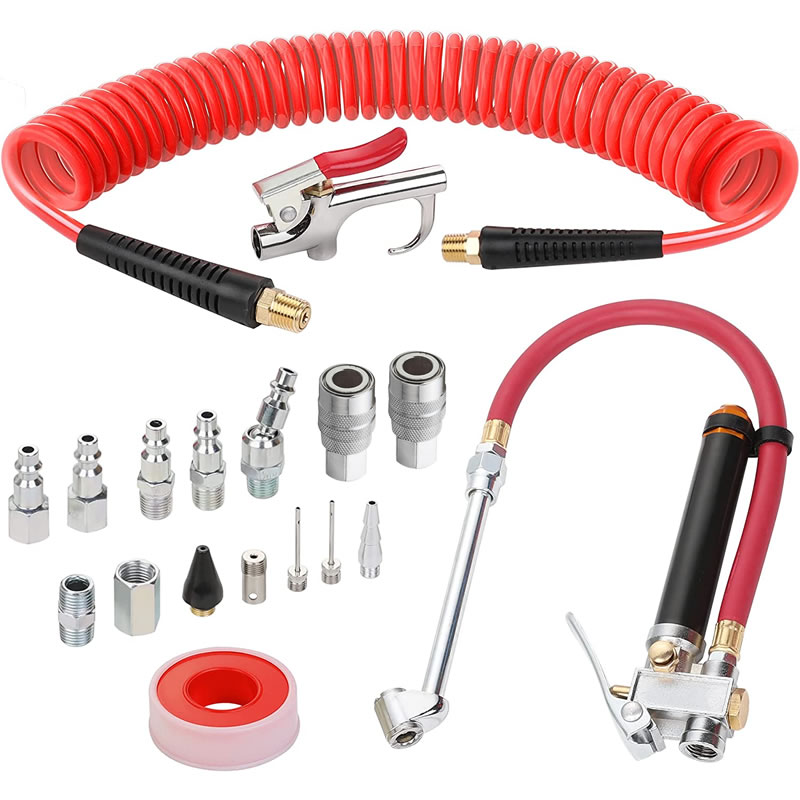 18 Piece Air Compressor Accessories Kit with 1-4-Inch × 25 Feet Polyurethane Recoil Air Hose, Heavy Duty Tire Inflator Gauge, Quick Connect Fittings, Blow Gun and Swivel Plug